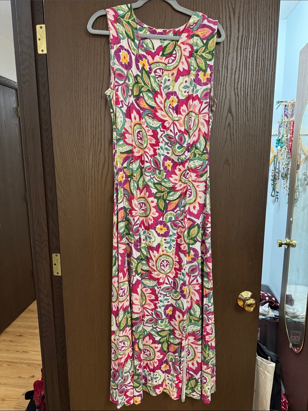 Soft Surroundings Pink Floral Sleeveless Maxi Dress with Green Leaves